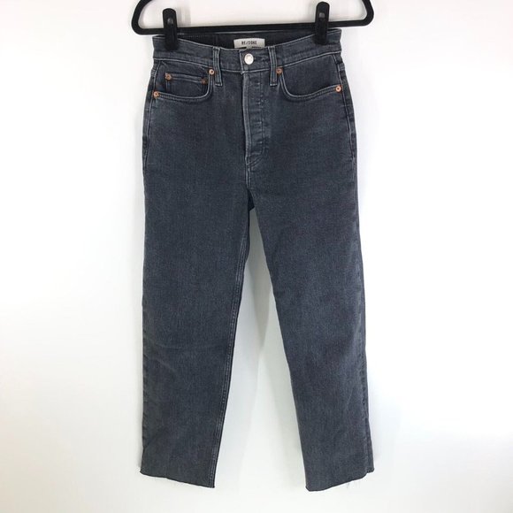 Re/Done 70's Stove Pipe Jeans Raw Hem Button Fly High Waist Black 26
